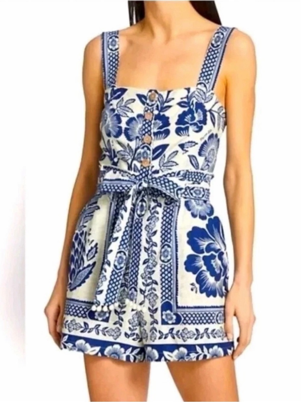 FARM Rio Blue Pineapple Garden Romper Linen Blend Size Medium NWT